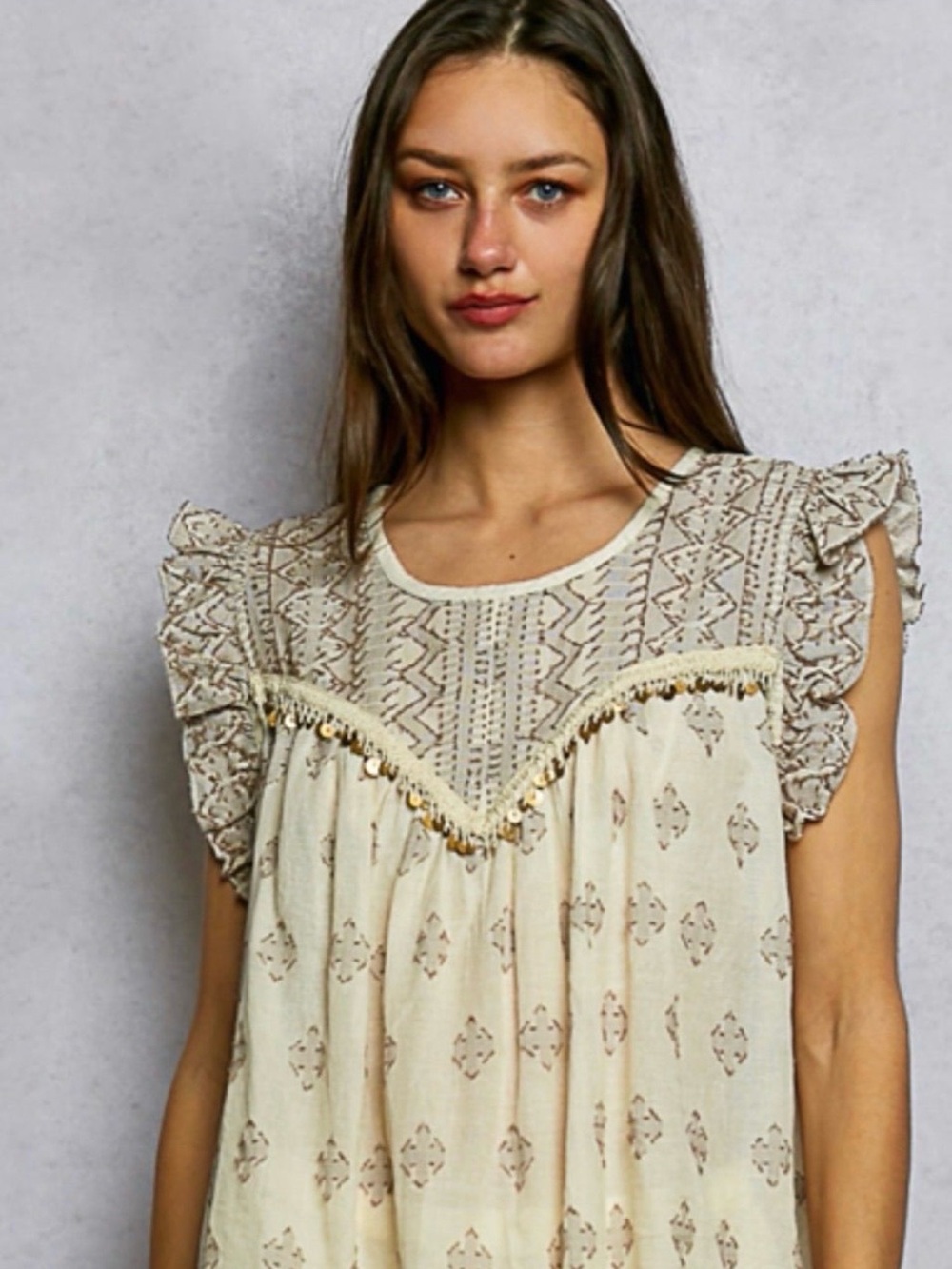 POL Cream & Beige Embroidered Ruffle Sleeve Blouse